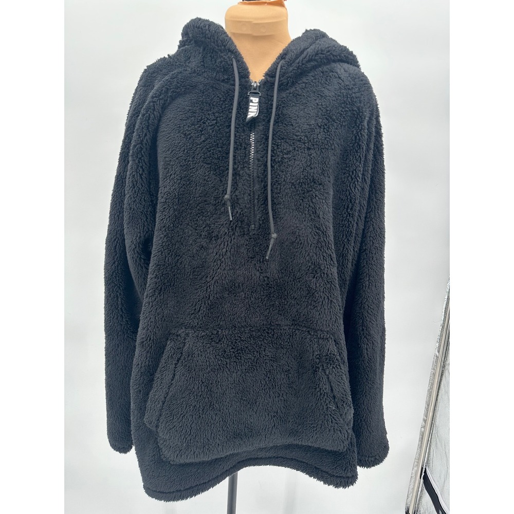 PINK Victoria's Secret Black Sherpa Hoodie‎ Pullover Sweatshirt Womens